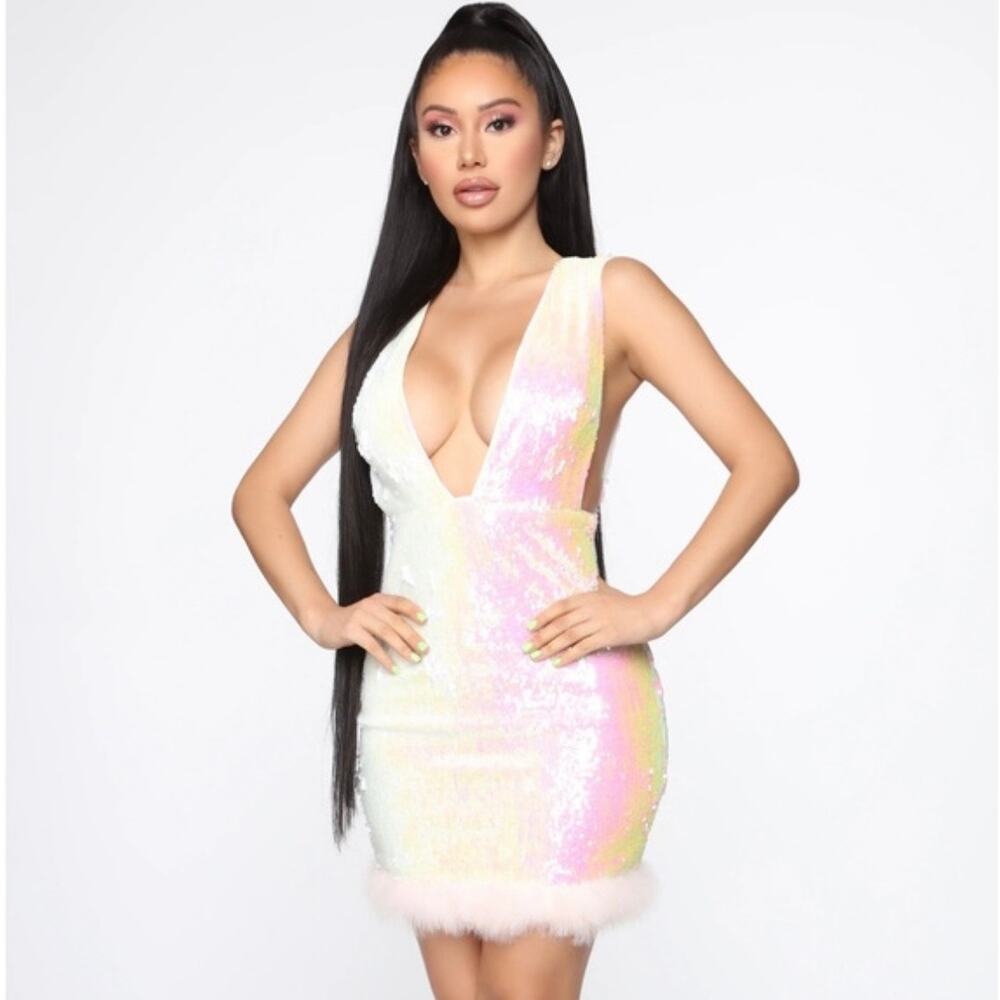 Fashion Nova sassy sequin dress- M-NEW With Tags feather hem, deep V‎ neck